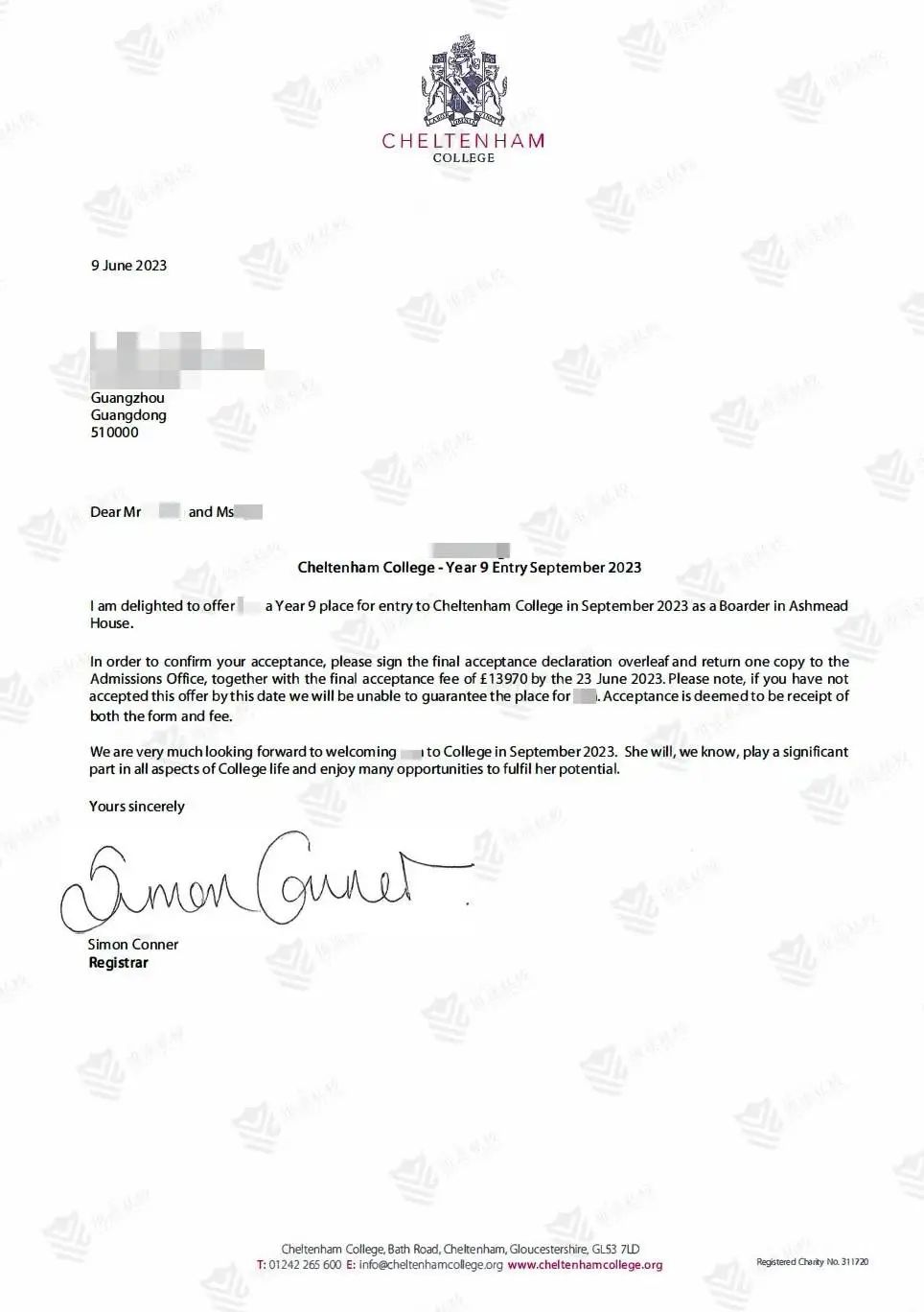 切尔滕纳姆学院录取通知书