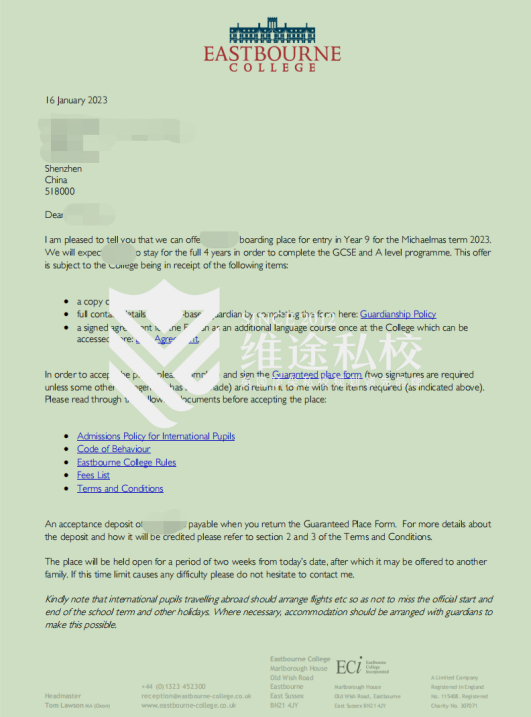 Eastbourne College录取通知书